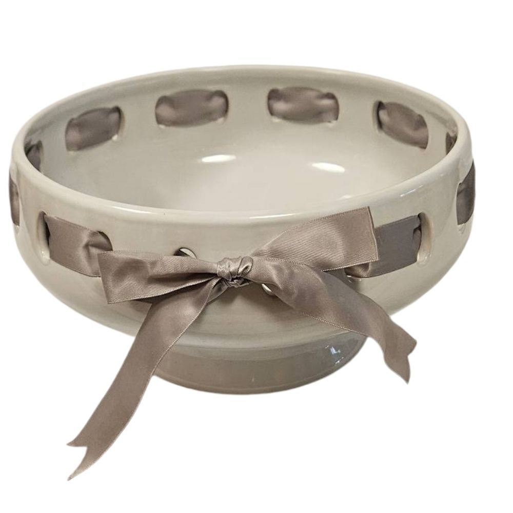 CeramicLarge White Bowl with Gray Satin Ribbon